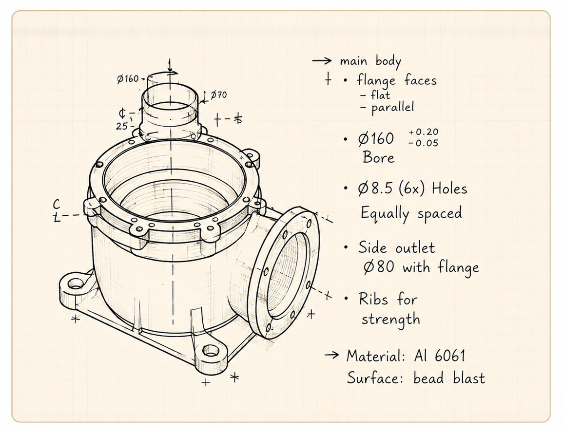 Sketch and notes describing a mechanical part