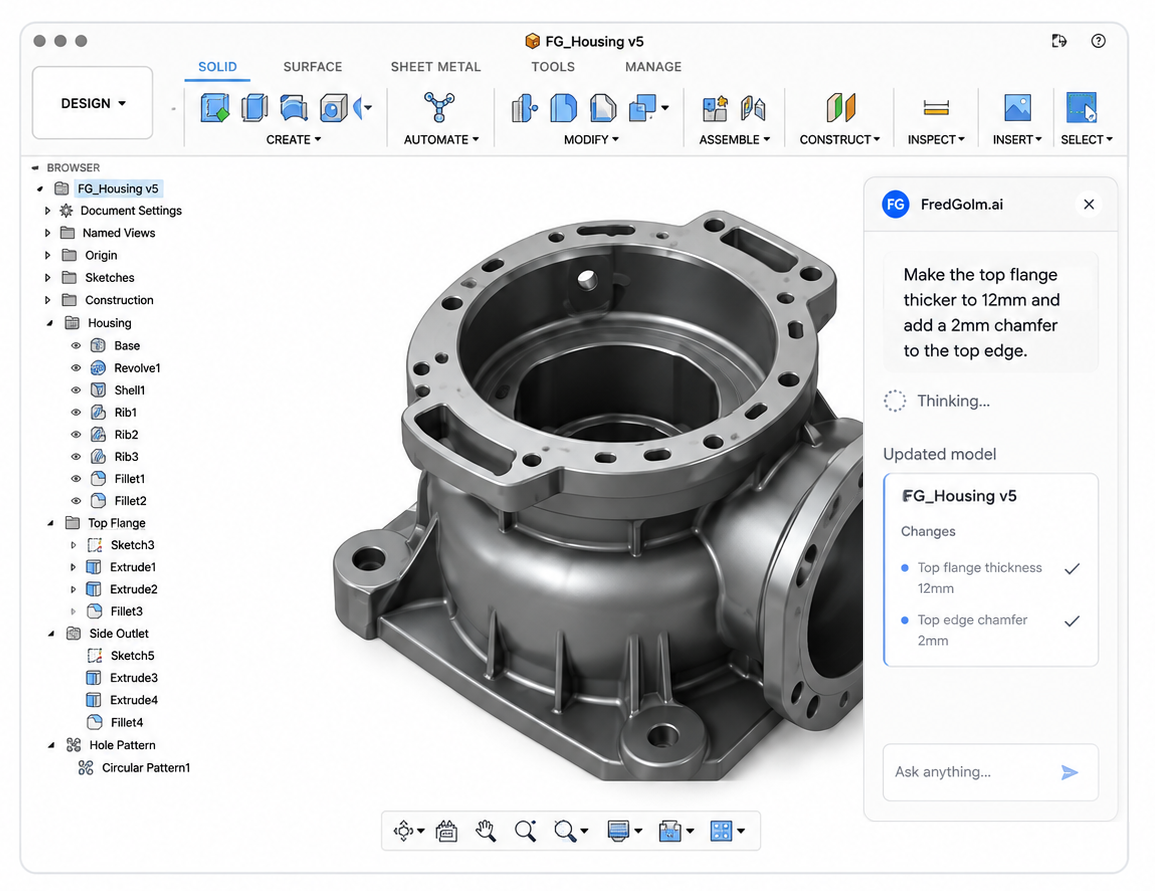 CAD model being iterated with an AI panel